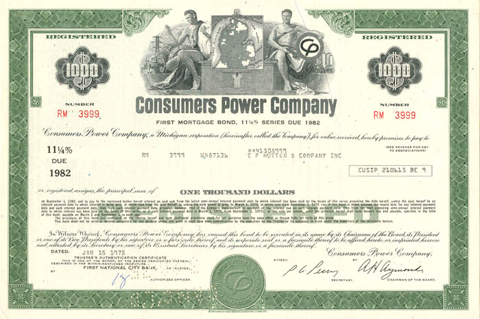 Consumers Power Co. - 1975 dated $1,000 Registered Bond